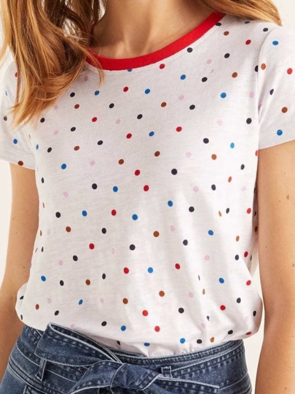 Boden Polka Dot Tee Shirt with Red Trim in Size S
